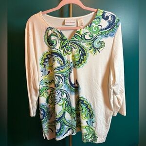 Alfred Dunner White Graphic Blouse with Green and Blue Accents